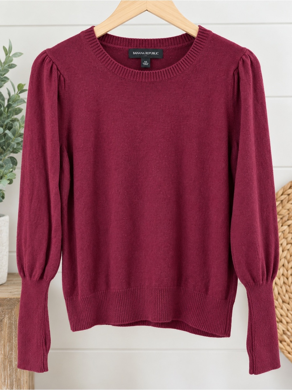 Banana Republic Wine Crewneck Sweater with Subtle Puff Sleeves 7